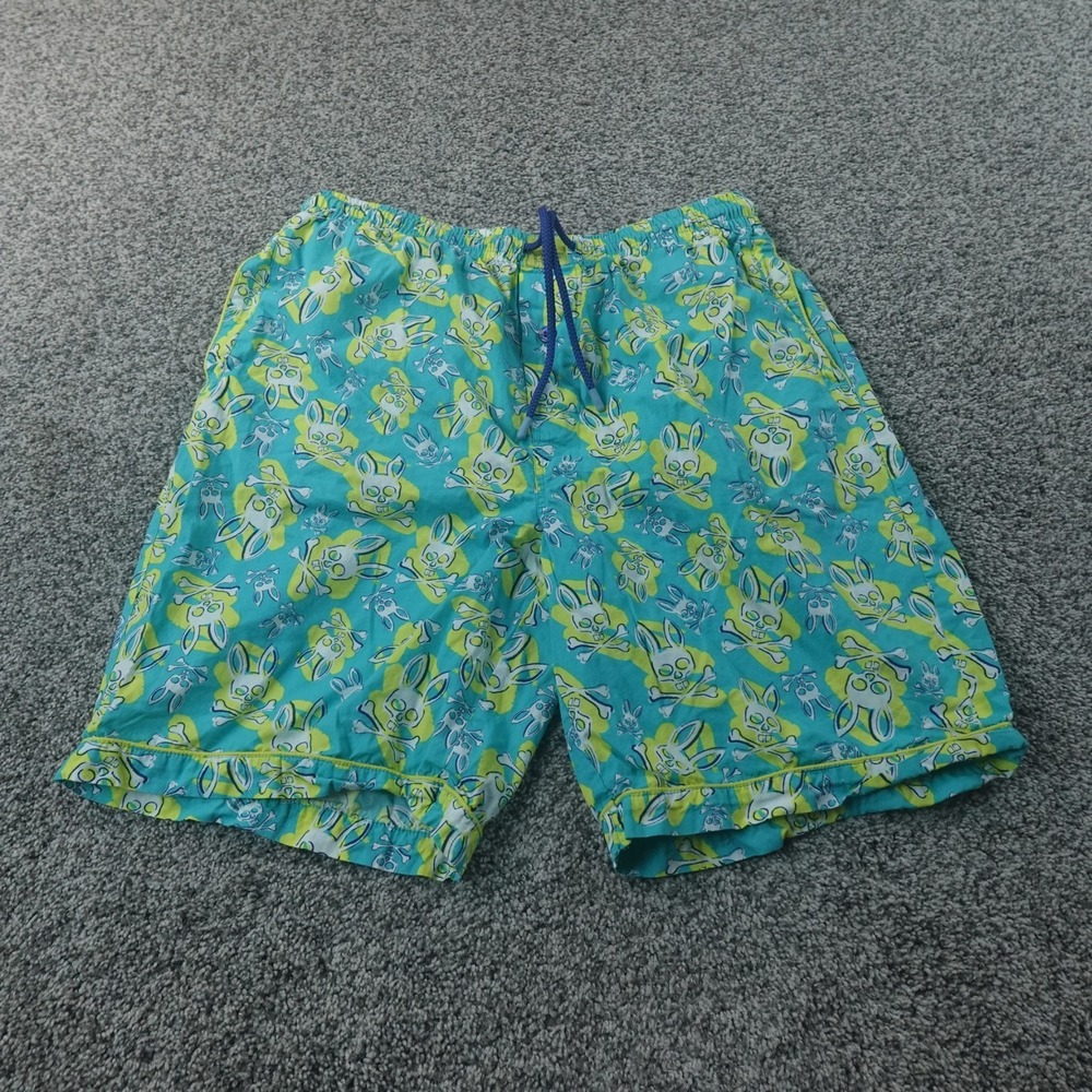 Psycho Bunny Shorts Mens M Green Blue Bunny Skull Print Drawstring Elastic Waist